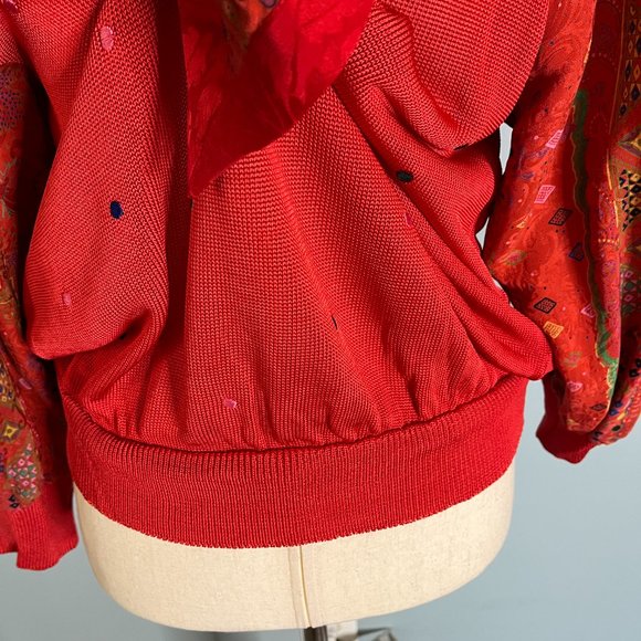 Vintage Diane Freis Long Sleeve Mixed Media Blouse Statement Collar Silk Red - Picture 6 of 12